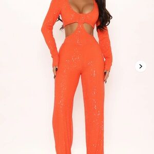 Fashion Nova Vibrant Orange Sequin Jumpsuit